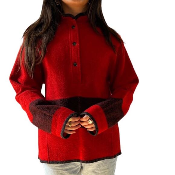 Vintage 70s Woolrich Red & black Wool Stripe Pullover, snap closing size small - Picture 8 of 9